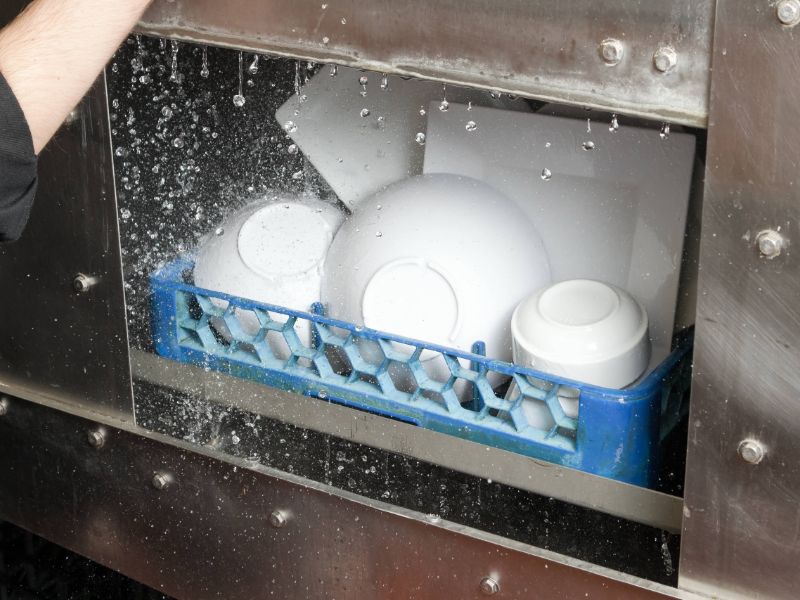Πλύση πιάτων σε επαγγελματικό πλυντήριο πιάτων με υψηλή θερμοκρασία